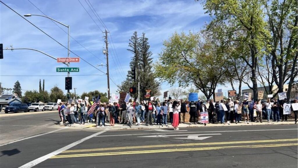 Protestors lined up the sidewalks on Fresno Street and Shopping Drive by Fashion Fair Mall on Saturday, April 4, 2025. (GV Wire/Anthony W. Haddad)